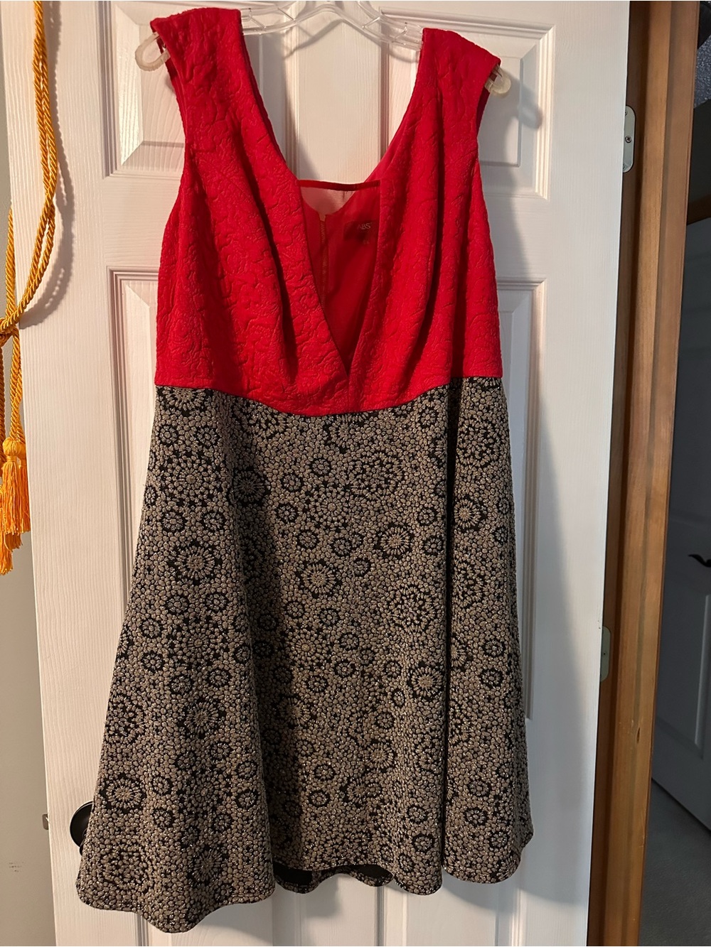Pink V-Neck Fit & Flare Dress with Patterned Skirt